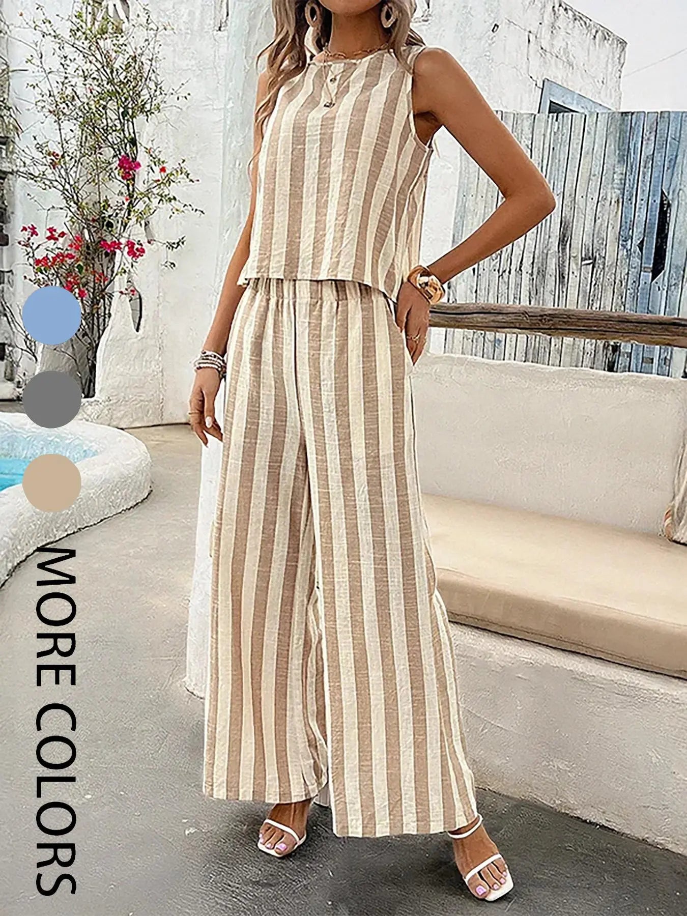 2-Piece Women'S Striped Sleeveless Matching Set, Lightweight Fabric, Back-Button Top and Elastic-Waist Wide-Leg Pants, Multi-Color Options