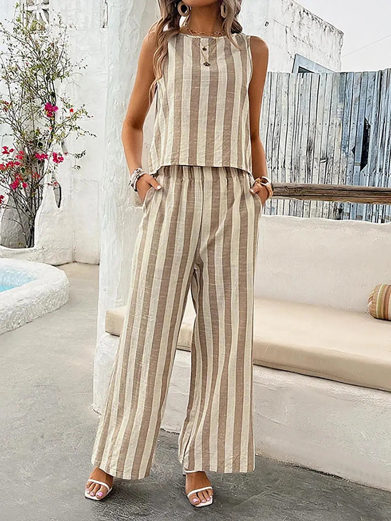 2-Piece Women'S Striped Sleeveless Matching Set, Lightweight Fabric, Back-Button Top and Elastic-Waist Wide-Leg Pants, Multi-Color Options