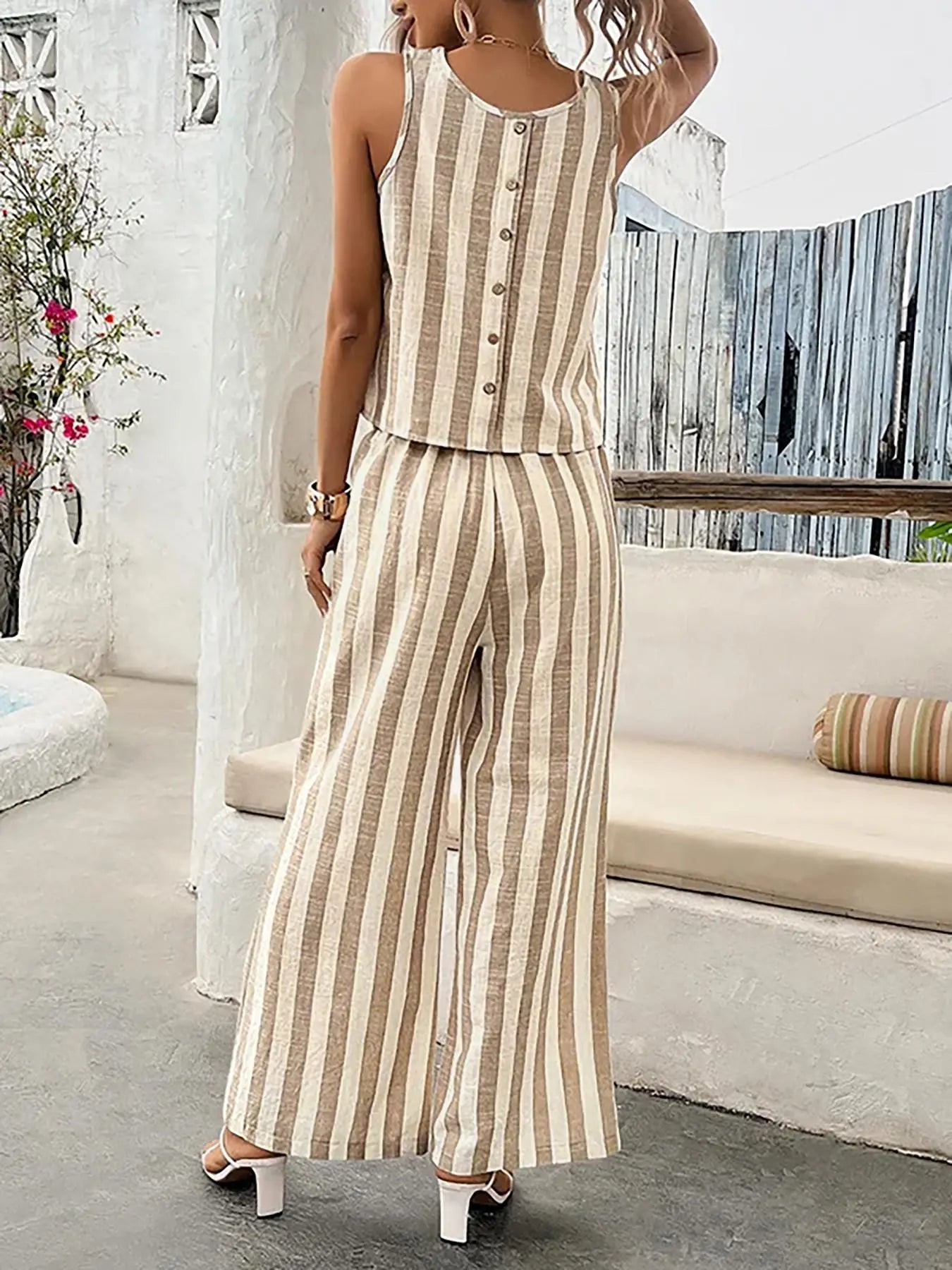 2-Piece Women'S Striped Sleeveless Matching Set, Lightweight Fabric, Back-Button Top and Elastic-Waist Wide-Leg Pants, Multi-Color Options