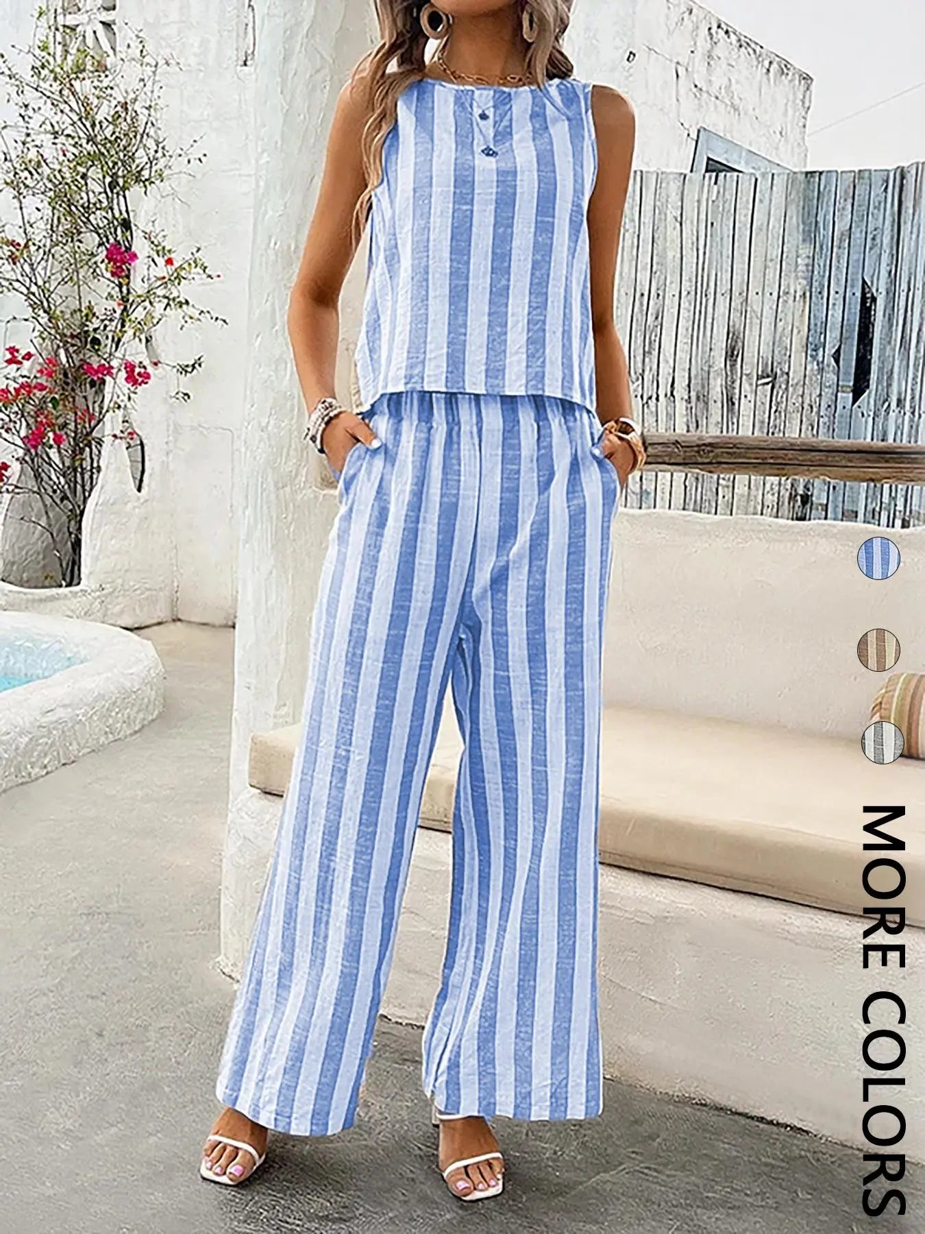 2-Piece Women'S Striped Sleeveless Matching Set, Lightweight Fabric, Back-Button Top and Elastic-Waist Wide-Leg Pants, Multi-Color Options