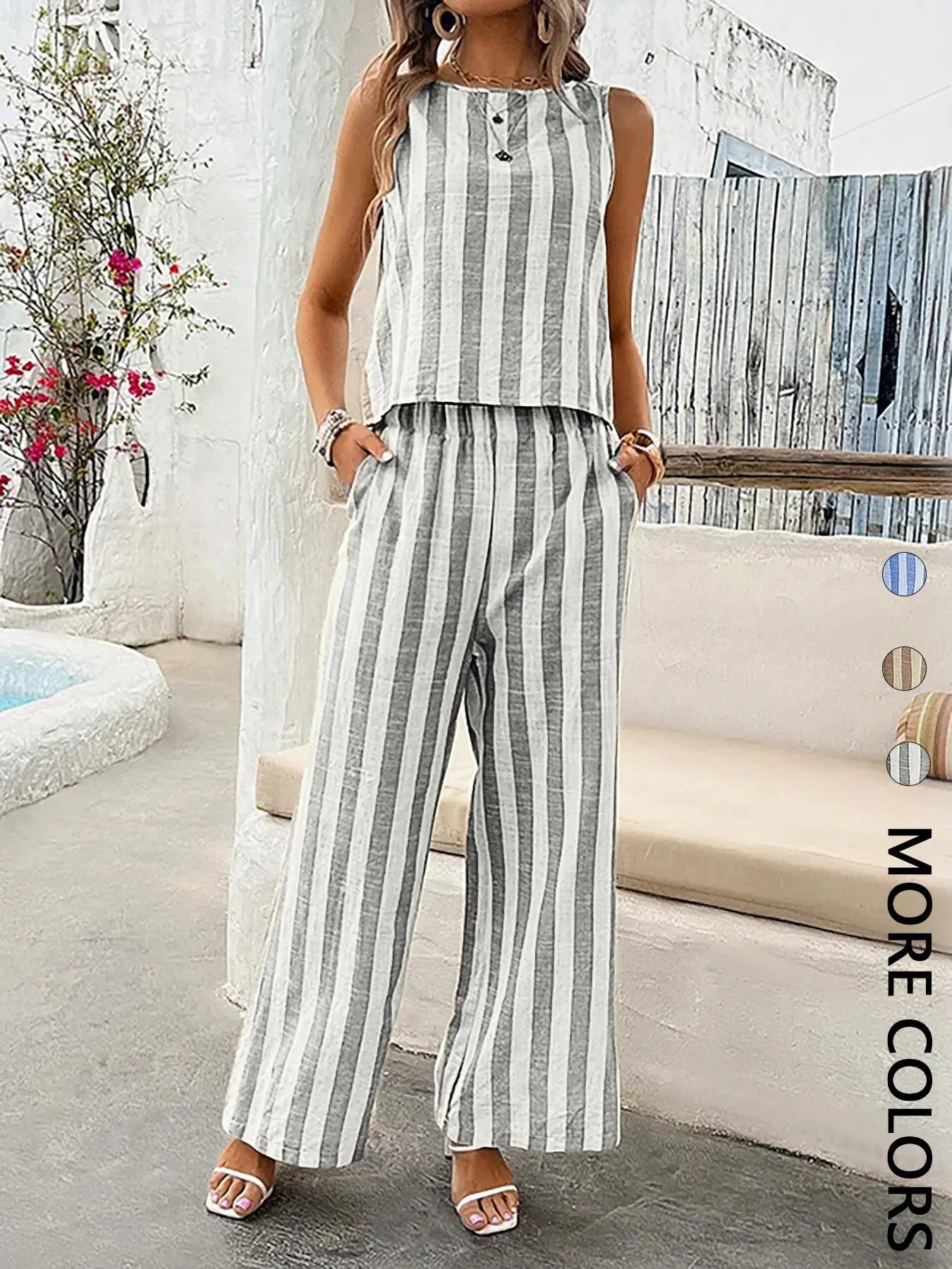 2-Piece Women'S Striped Sleeveless Matching Set, Lightweight Fabric, Back-Button Top and Elastic-Waist Wide-Leg Pants, Multi-Color Options